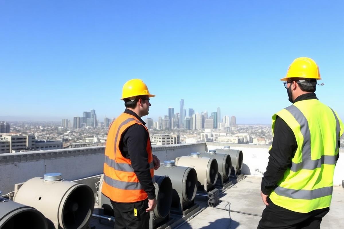 Ideal Solution technicians inspecting rooftop exhaust fans with downtown LA skyline