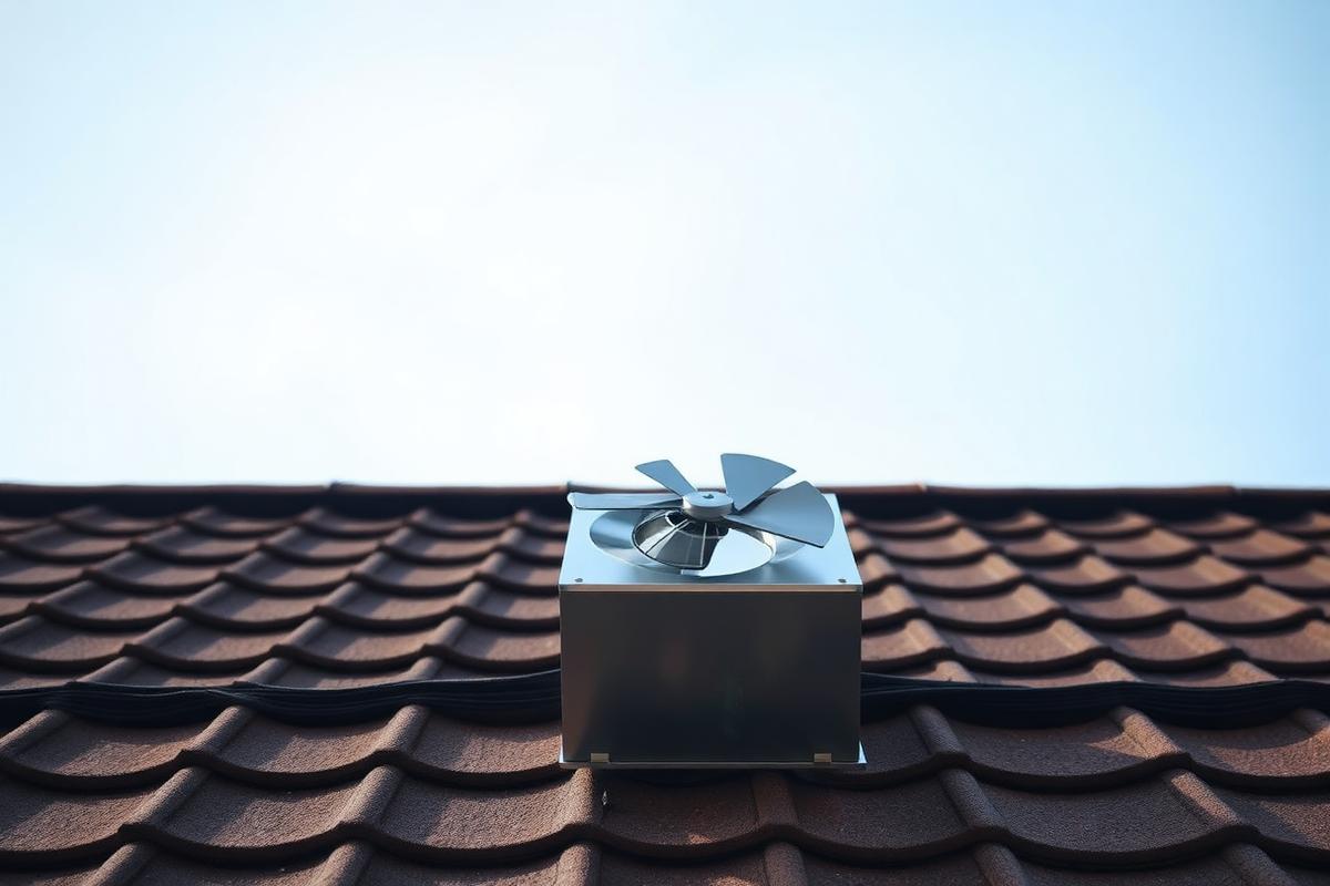 Newly installed rooftop exhaust fan against blue sky