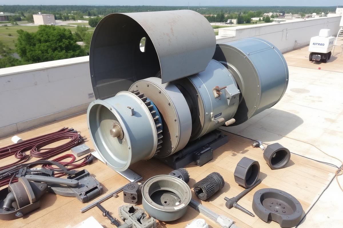 Disassembled industrial exhaust fan motor mid-replacement on rooftop