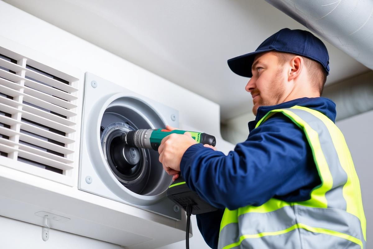 Technician using power drill on commercial exhaust fan housing