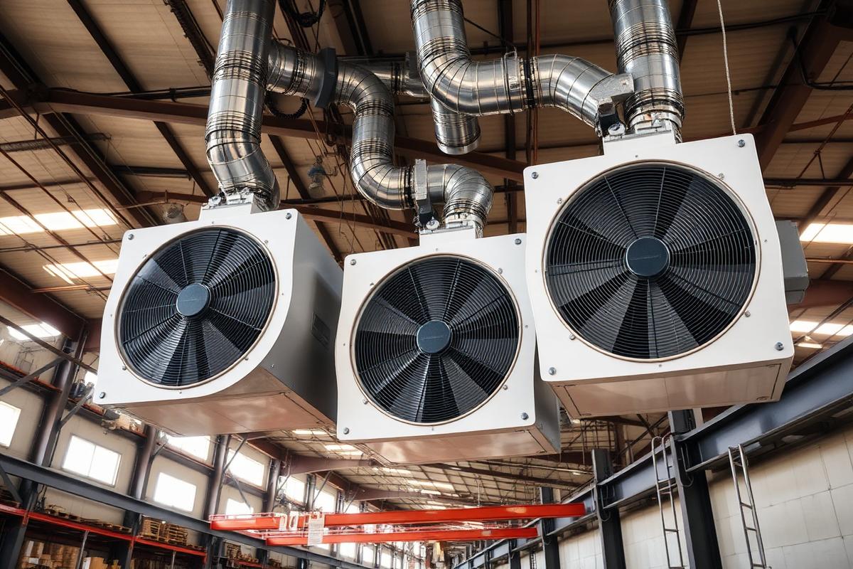 Large industrial wall-mounted exhaust fans operating in warehouse