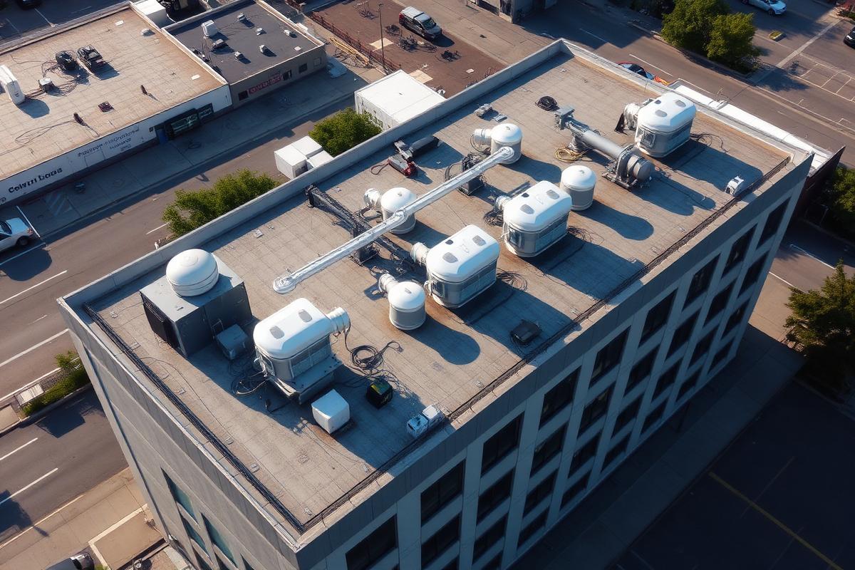 Aerial view of multiple rooftop HVAC exhaust units on commercial building