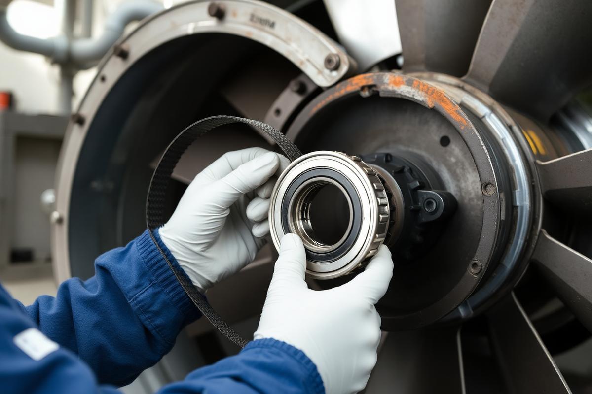 Bearing and belt replacement on industrial fan assembly
